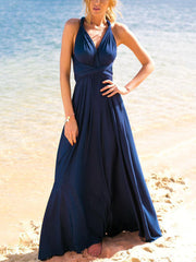 Inrosy robe longue v-cou licou fluide ceinture bandage décolleté plongeant sans manches femme élégant bal de promo de plage