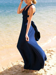 Inrosy robe longue v-cou licou fluide ceinture bandage décolleté plongeant sans manches femme élégant bal de promo de plage