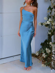 Inrosy robe longue moulante satin une épaule sans manches femme élégant mode invité mariage champetre