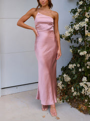 Inrosy robe longue moulante satin une épaule sans manches femme élégant mode invité mariage champetre