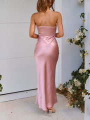 Inrosy robe longue moulante satin une épaule sans manches femme élégant mode invité mariage champetre