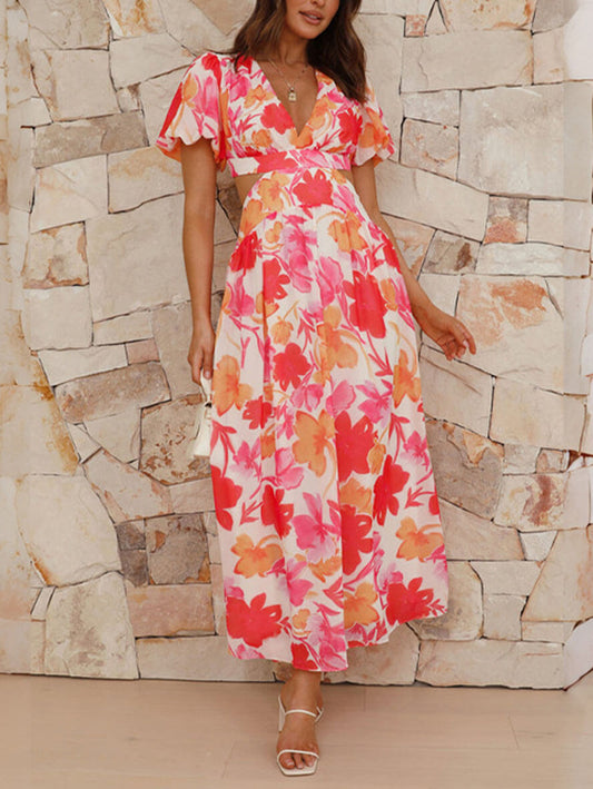 Inrosy robe longue découpes imprimé à fleurie v-cou manches bouffantes manches courtes femme casual élégant décontracté