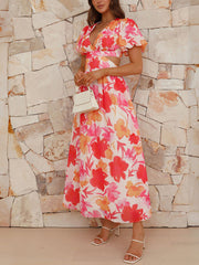 Inrosy robe longue découpes imprimé à fleurie v-cou manches bouffantes manches courtes femme casual élégant décontracté