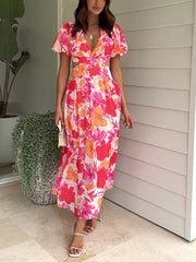 Inrosy robe longue découpes imprimé à fleurie v-cou manches bouffantes manches courtes femme casual élégant décontracté