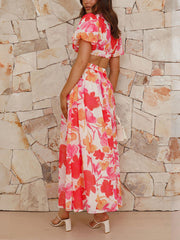 Inrosy robe longue découpes imprimé à fleurie v-cou manches bouffantes manches courtes femme casual élégant décontracté