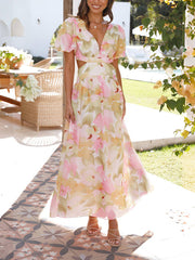 Inrosy robe longue découpes imprimé à fleurie v-cou manches bouffantes manches courtes femme casual élégant décontracté