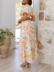 Inrosy robe longue découpes imprimé à fleurie v-cou manches bouffantes manches courtes femme casual élégant décontracté