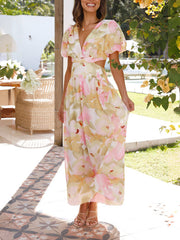 Inrosy robe longue découpes imprimé à fleurie v-cou manches bouffantes manches courtes femme casual élégant décontracté