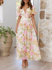 Inrosy robe longue découpes imprimé à fleurie v-cou manches bouffantes manches courtes femme casual élégant décontracté