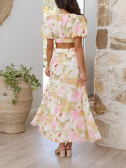 Inrosy robe longue découpes imprimé à fleurie v-cou manches bouffantes manches courtes femme casual élégant décontracté