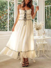 Inrosy robe longue boho bustier à volantée noeud papillon à fines brides sans manches femme doux élégant mode de plage
