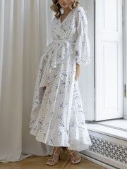 Inrosy robe longue imprime fleuri à pois irrégulière fendu le côté v-cou ceinture manches longues élégant décontracté de plage