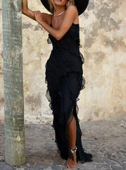 Inrosy robe longue moulante mousseline fendu à volantée décolleté dos à fines brides v-cou sans manches femme de soirée mariage