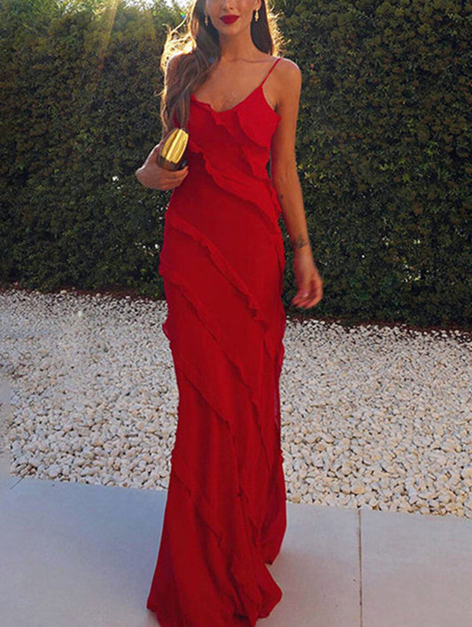 Inrosy robe longue moulante mousseline fendu à volantée décolleté dos à fines brides v-cou sans manches femme de soirée mariage