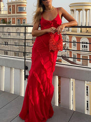 Inrosy robe longue moulante mousseline fendu à volantée décolleté dos à fines brides v-cou sans manches femme de soirée mariage