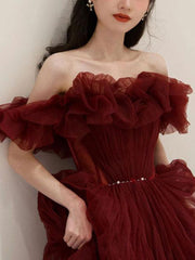 Inrosy robe longue en tulle col bateau sans manches femme élégant mode de soirée pour mariage bordeaux