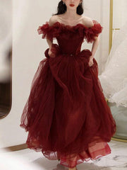 Inrosy robe longue en tulle col bateau sans manches femme élégant mode de soirée pour mariage bordeaux