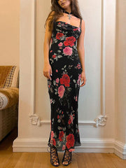 Inrosy robe longue moulante fleurie bustier à fines brides sans manches femme casual mode vintage bal de promo