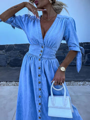 Inrosy robe longue en jean v-cou fendu nœud boutonnage femme casual élégant mode décontracté de plage