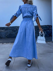 Inrosy robe longue en jean v-cou fendu nœud boutonnage femme casual élégant mode décontracté de plage