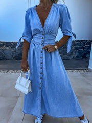 Inrosy robe longue en jean v-cou fendu nœud boutonnage femme casual élégant mode décontracté de plage