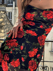 Inrosy robe longue moulante imprimé à fleurie à fines brides sans manches femme élégant mode vintage de plage