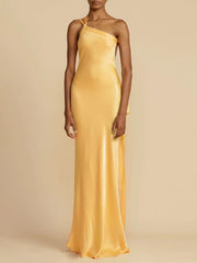 Inrosy robe longue en satin une épaule moulante ceinture dos nu sans manches femme élégant décontracté de soirée invité mariage