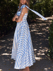 Inrosy robe longue rayé nœud bretelle sans manches femme casual doux élégant audrey hepburn décontracté vintage