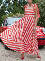 Inrosy robe longue rayé nœud bretelle sans manches femme casual doux élégant audrey hepburn décontracté vintage