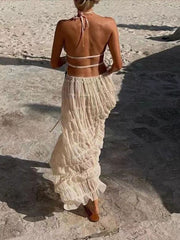 Inrosy robe ensemble 2 pièces dentelle dos nu licou sans manches hauts fluide longue jupe femme mode décontracté de plage