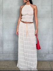 Inrosy robe ensemble 2 pièces dentelle dos nu licou sans manches hauts fluide longue jupe femme mode décontracté de plage