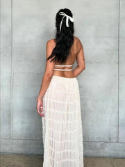 Inrosy robe ensemble 2 pièces dentelle dos nu licou sans manches hauts fluide longue jupe femme mode décontracté de plage