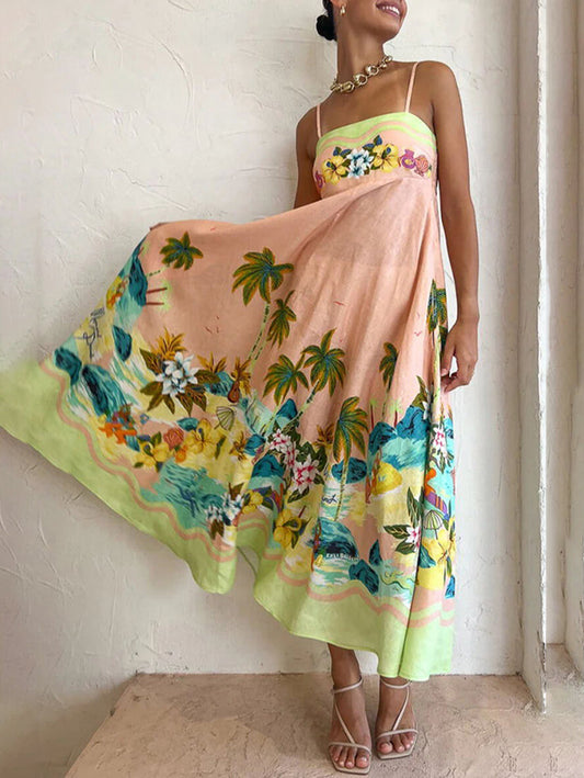 Inrosy robe longue en lin imprimé tropicale feuille à fines brides sans manches femme élégant lâche oversized décontracté de plage