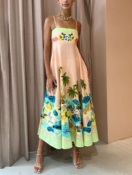 Inrosy robe longue en lin imprimé tropicale feuille à fines brides sans manches femme élégant lâche oversized décontracté de plage