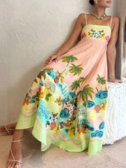 Inrosy robe longue en lin imprimé tropicale feuille à fines brides sans manches femme élégant lâche oversized décontracté de plage