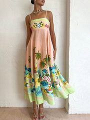 Inrosy robe longue en lin imprimé tropicale feuille à fines brides sans manches femme élégant lâche oversized décontracté de plage