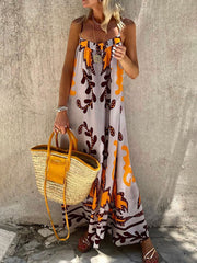 Inrosy robe longue vacances imprimé tribal dos nu à fines brides sans manches femme lâche ample hawaienne décontracté de plage