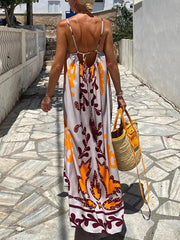 Inrosy robe longue vacances imprimé tribal dos nu à fines brides sans manches femme lâche ample hawaienne décontracté de plage