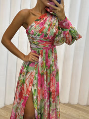 Inrosy robe longue imprimé à fleurie fendu une épaule manches bishop manches longues femme élégant décontracté de soirée bal masqué