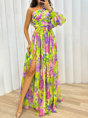 Inrosy robe longue imprimé à fleurie fendu une épaule manches bishop manches longues femme élégant décontracté de soirée bal masqué