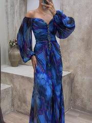 Inrosy robe longue imprimé à fleurie fendu fluide plissé col bateau manches longues femme élégant décontracté de soirée