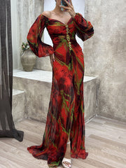 Inrosy robe longue imprimé à fleurie fendu fluide plissé col bateau manches longues femme élégant décontracté de soirée