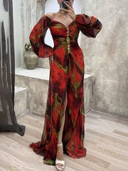 Inrosy robe longue imprimé à fleurie fendu fluide plissé col bateau manches longues femme élégant décontracté de soirée