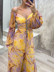 Inrosy robe longue imprimé à fleurie fendu fluide plissé col bateau manches longues femme élégant décontracté de soirée