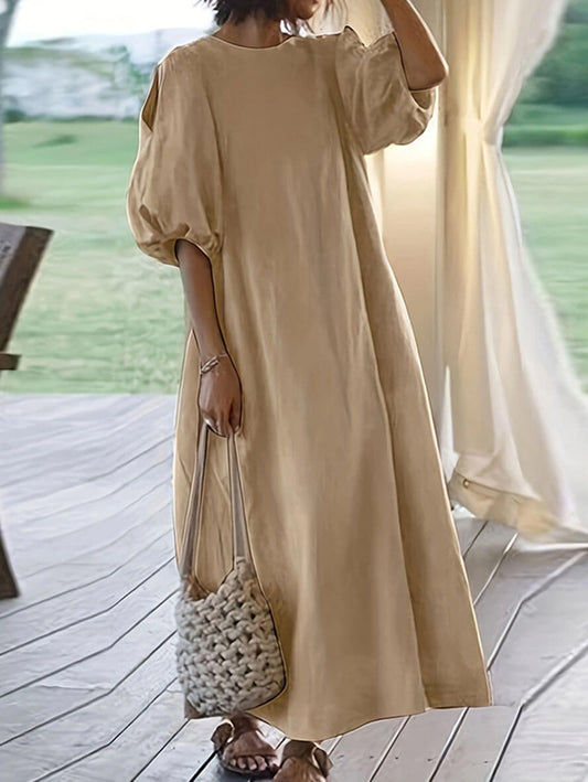 Inrosy robe longue unicolore col rond décolleté dos manches au coude femme casual bohème lâche ample décontracté