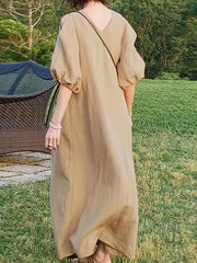 Inrosy robe longue unicolore col rond décolleté dos manches au coude femme casual bohème lâche ample décontracté