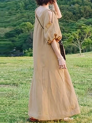 Inrosy robe longue unicolore col rond décolleté dos manches au coude femme casual bohème lâche ample décontracté