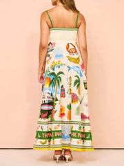 Inrosy longue robe en lin imprimé tropicale feuille à fines brides sans manches femme casual décontracté vintage de plage