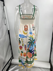 Inrosy longue robe en lin imprimé tropicale feuille à fines brides sans manches femme casual décontracté vintage de plage