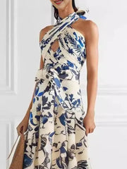 Inrosy robe longue imprimé à fleurie à volantée noeud papillon dos nu licou sans manches femme doux élégant bohème de soirée